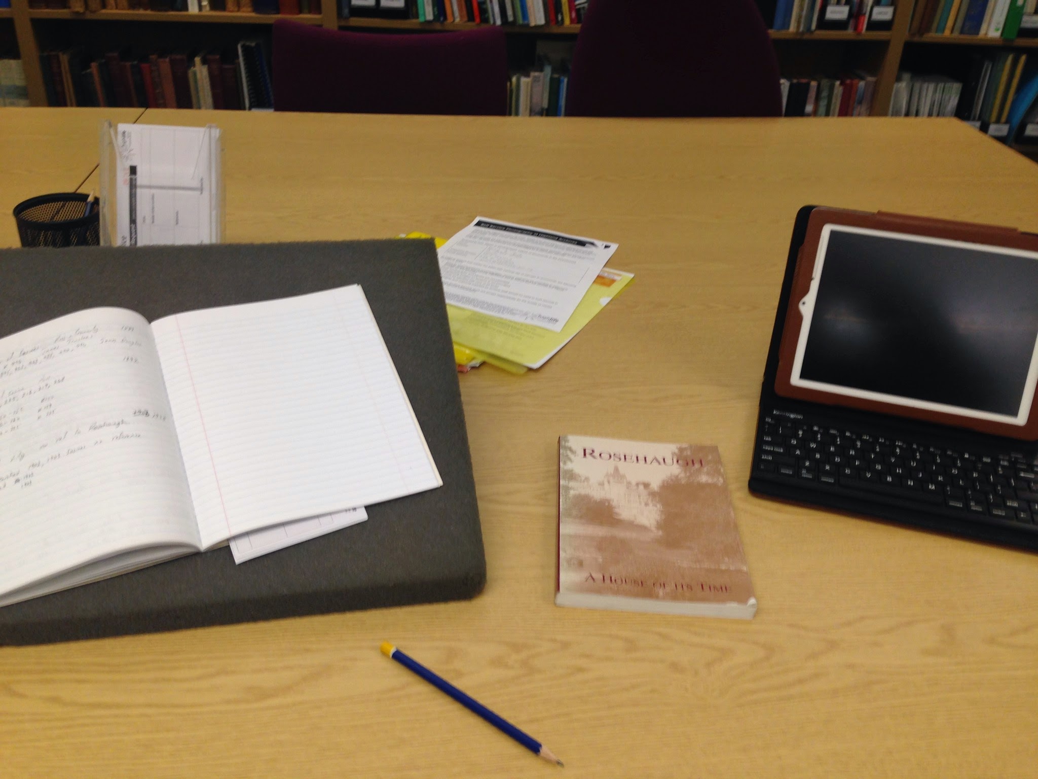 Research notes, books, and working material used for genealogy research.